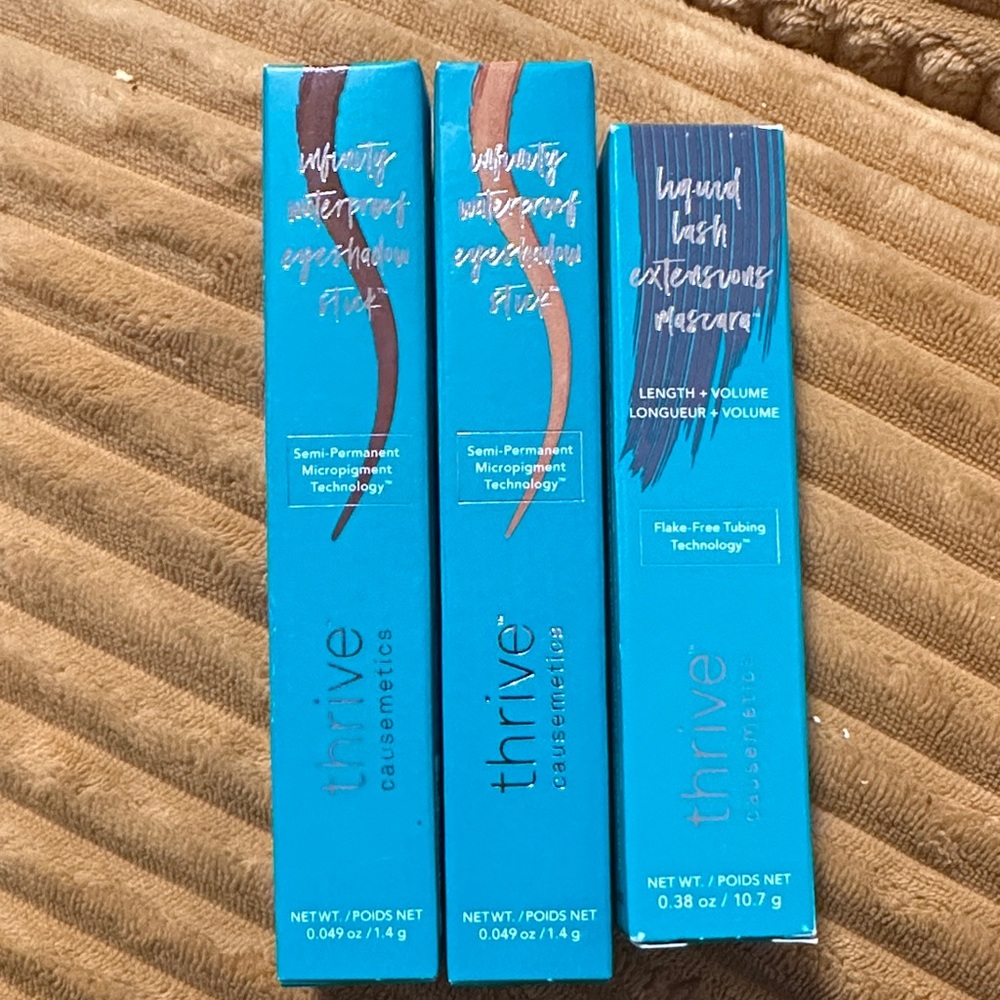 Thrive Causemetics Eyeshadow sticks and Mascara DR Q RIJI & NOLA